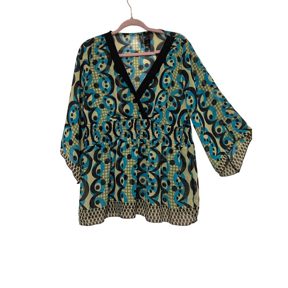 Bisou Bisou sz L green/blue boho sheer 3/4 bell sleeve V neck blouse KK